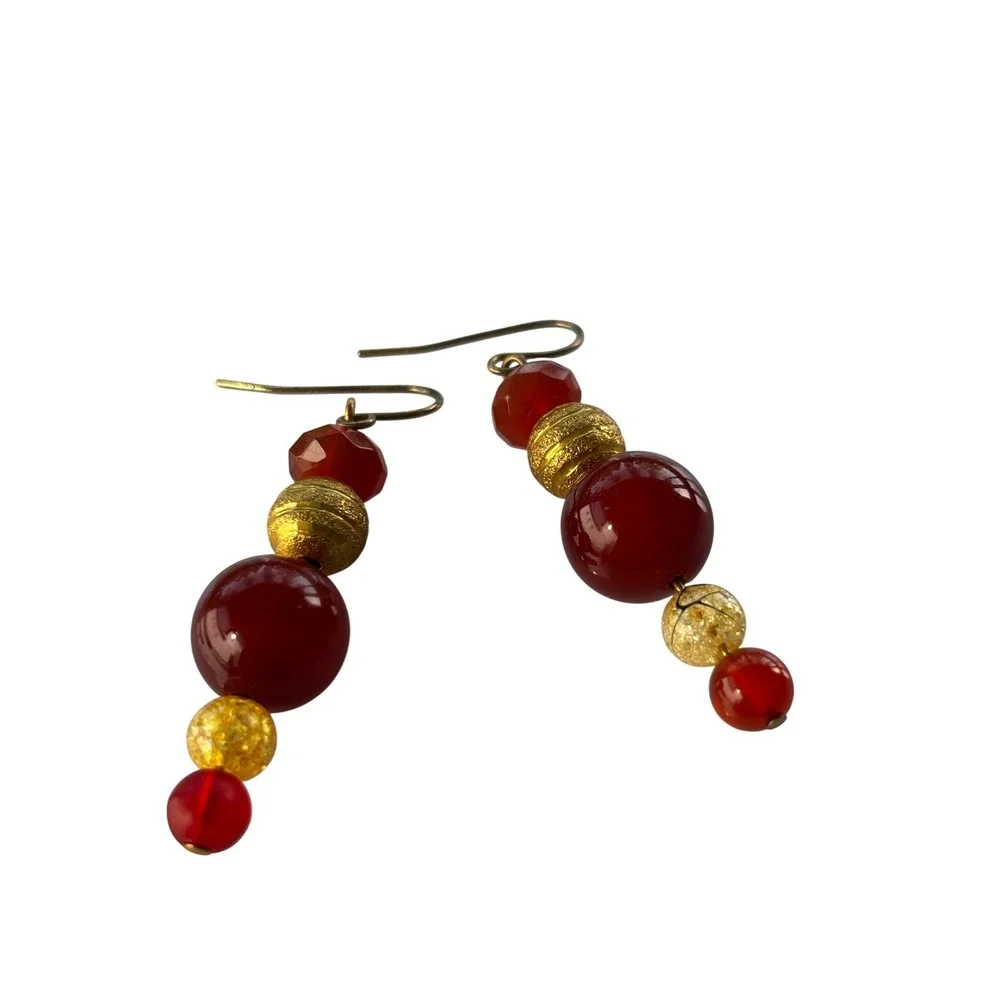 Vintage Drop‎ Earrings Red Gold Beaded Bohemian Statement Jewelry